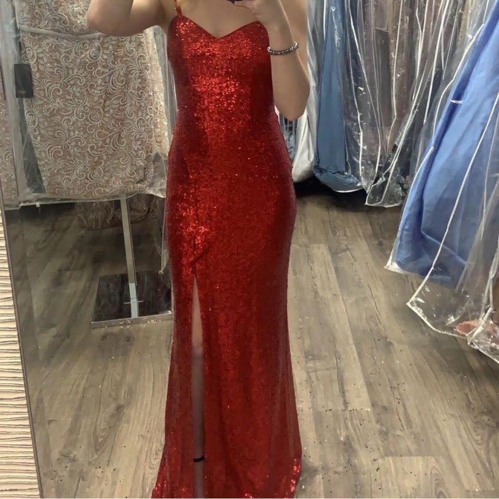 Sherri Hill Red Sequin Gown with Slit